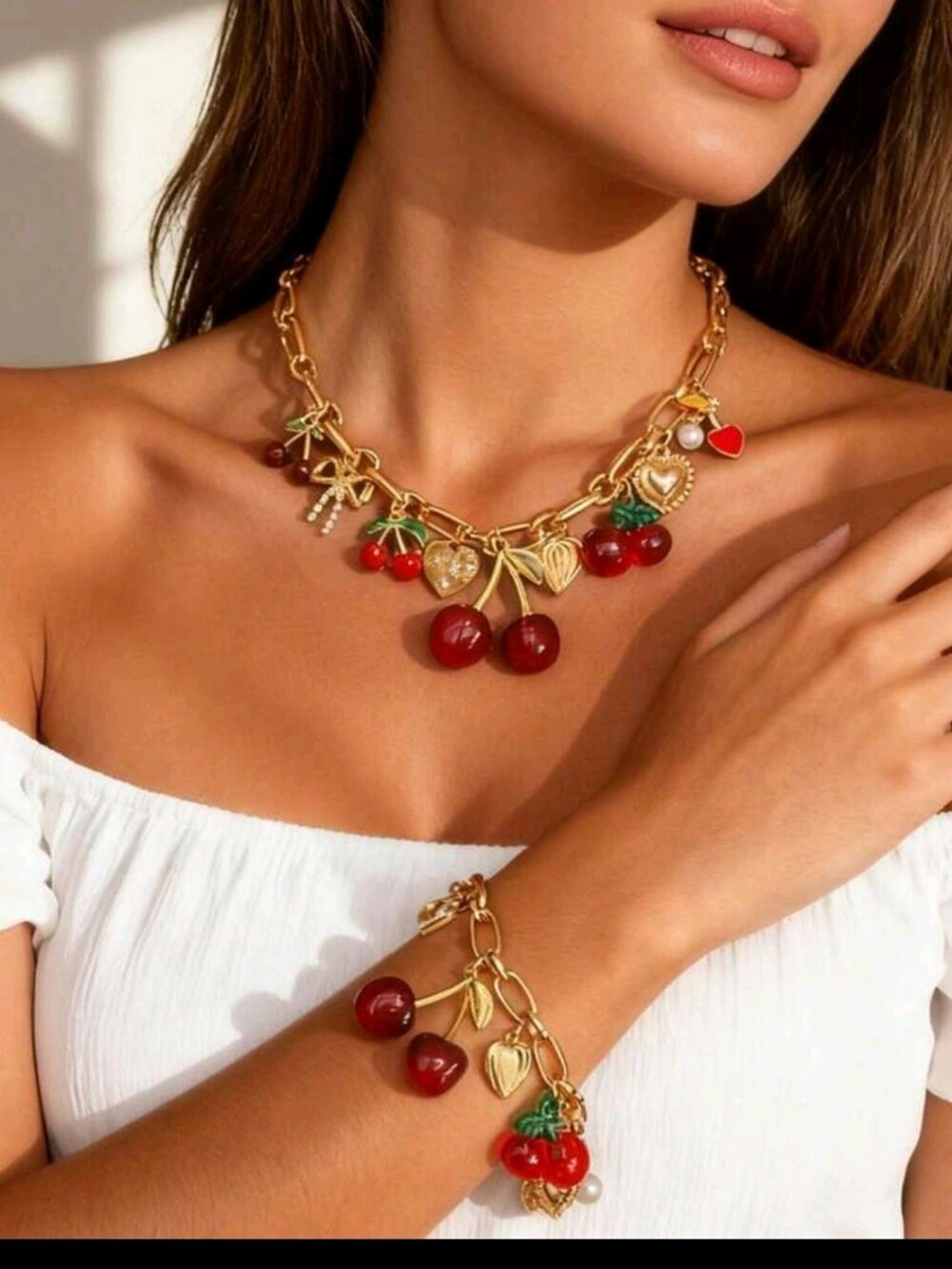 BRAND NEW ** Gold Cherry Charm Necklace & Bracelet Set - Red Cherry Accents